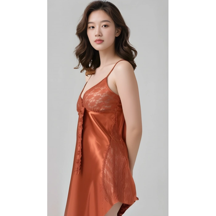 MARSiLYAN-  Tarçın Saten Gecelik Zarif Kadın Gece Elbisesi