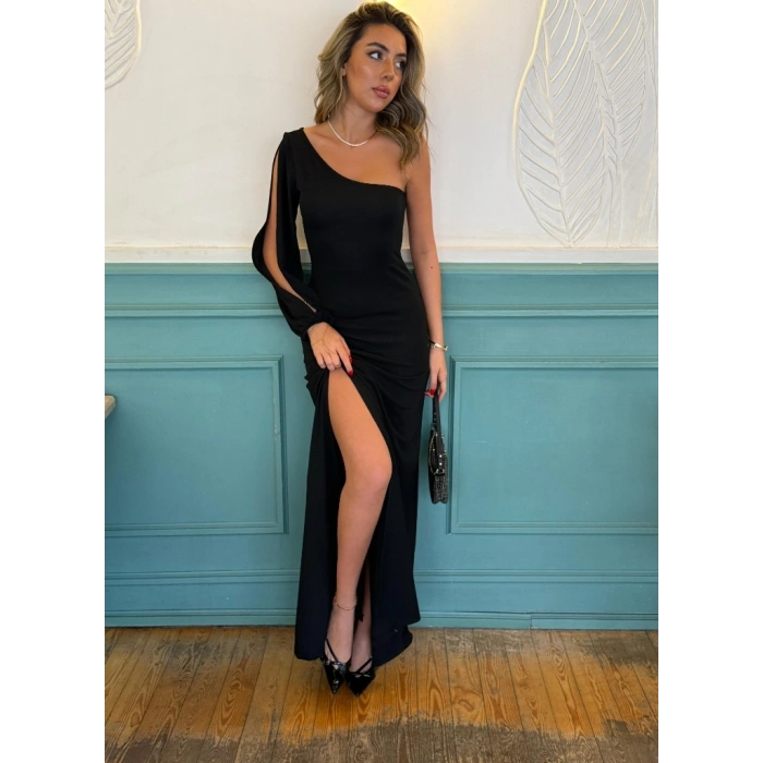 MARSiLYAN- Tek Omuz Açık Derin Yırtmaçlı Krep Tam Boy Elbise