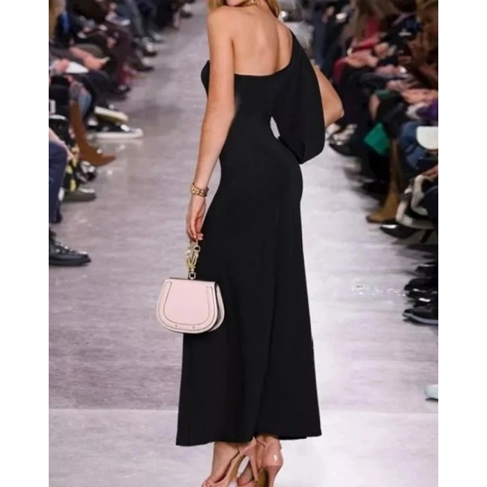 MARSiLYAN- Tek Omuz Açık Derin Yırtmaçlı Krep Tam Boy Elbise