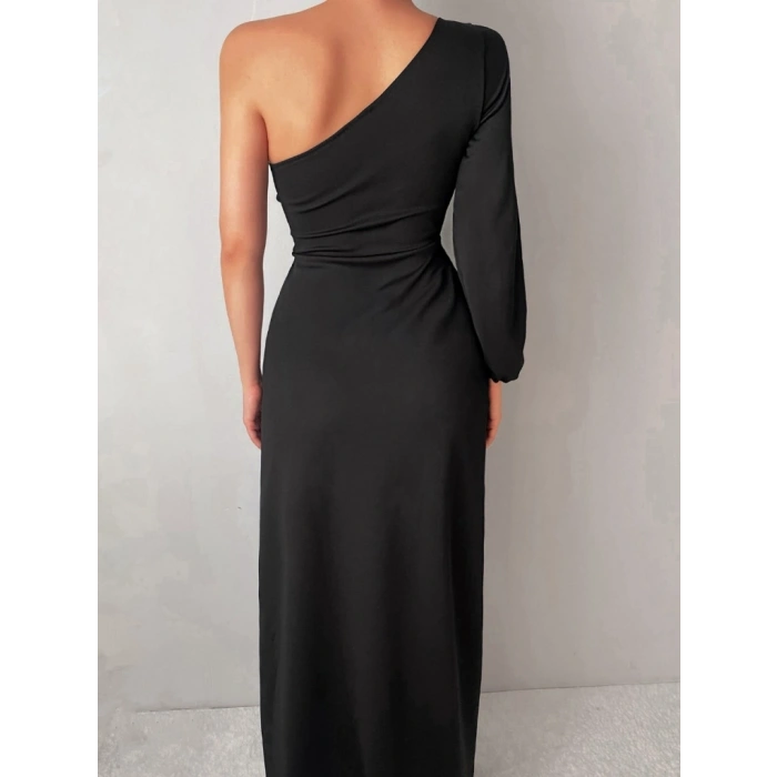 MARSiLYAN- Tek Omuz Açık Derin Yırtmaçlı Krep Tam Boy Elbise