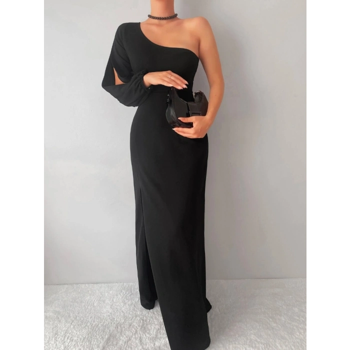 MARSiLYAN- Tek Omuz Açık Derin Yırtmaçlı Krep Tam Boy Elbise