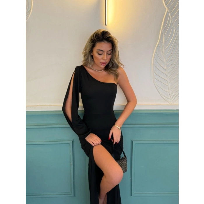 MARSiLYAN- Tek Omuz Açık Derin Yırtmaçlı Krep Tam Boy Elbise