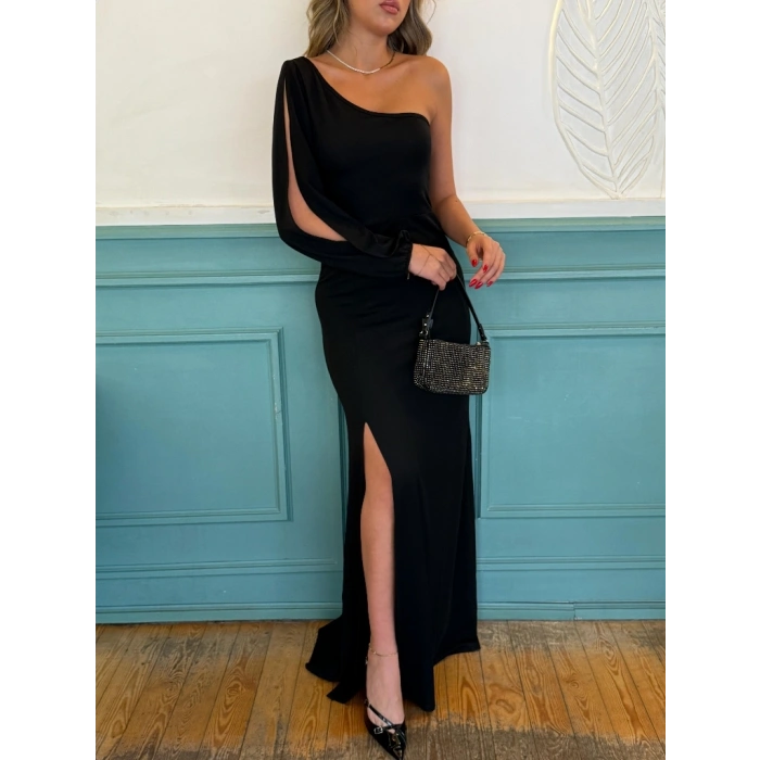 MARSiLYAN- Tek Omuz Açık Derin Yırtmaçlı Krep Tam Boy Elbise