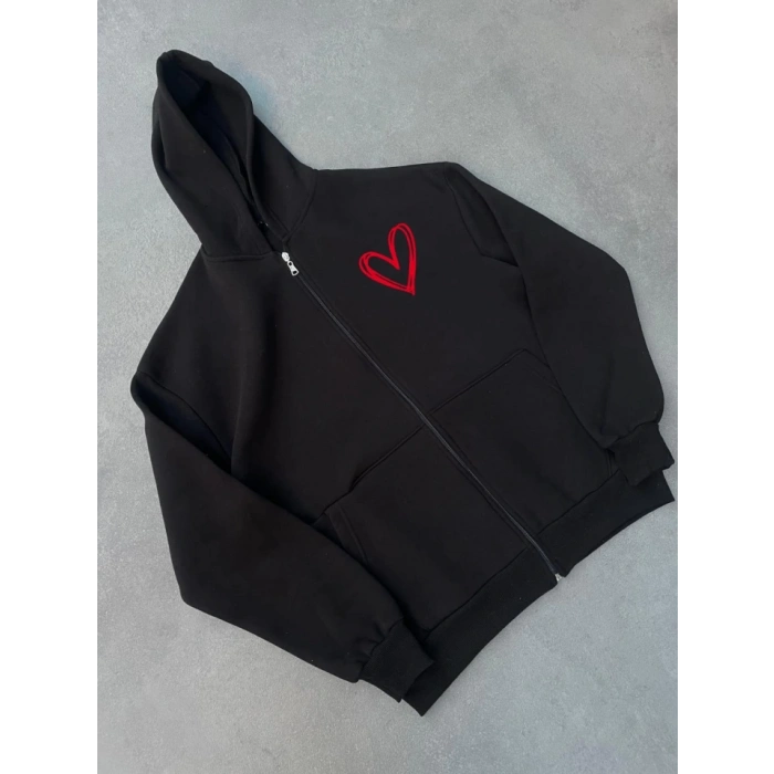 MARSiLYAN- Üç İplik Baskılı Fermuarlı Kapşonlu Hırka - Siyah