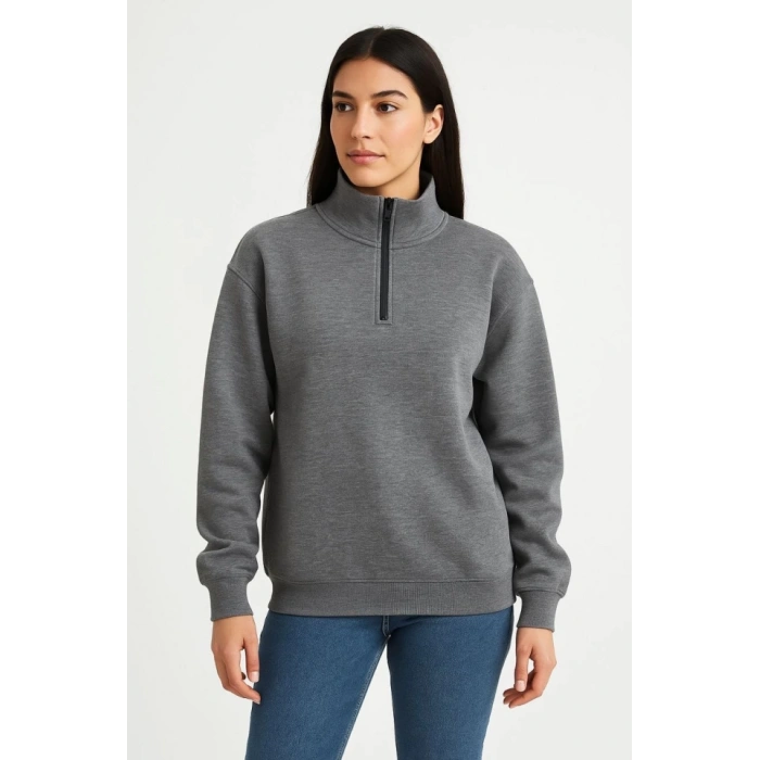 MARSiLYAN- Üç İplik Dık Yaka Yarım Fermuarlı SweatShirt - Antrasit