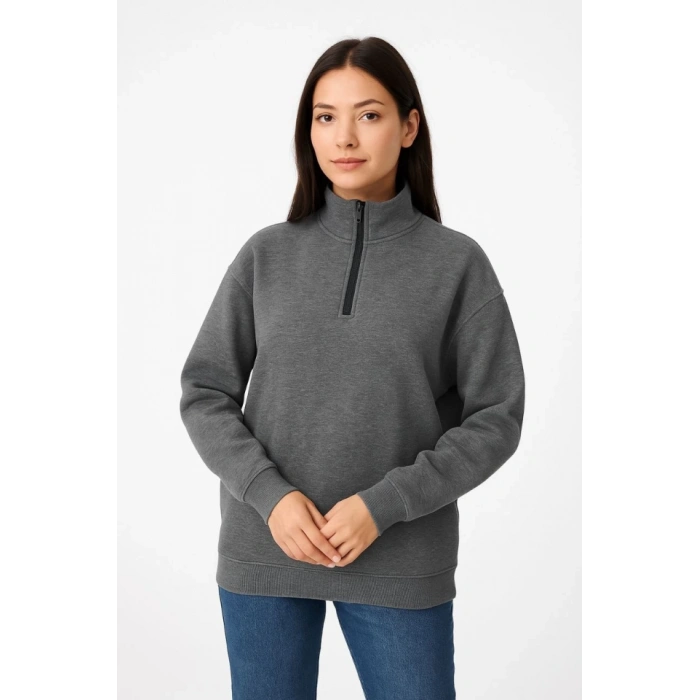 MARSiLYAN- Üç İplik Dık Yaka Yarım Fermuarlı SweatShirt - Antrasit