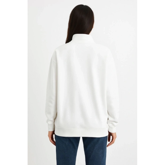 MARSiLYAN- Üç İplik Dık Yaka Yarım Fermuarlı SweatShirt - Beyaz