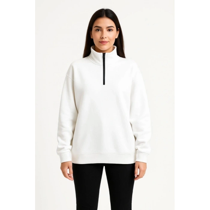 MARSiLYAN- Üç İplik Dık Yaka Yarım Fermuarlı SweatShirt - Beyaz