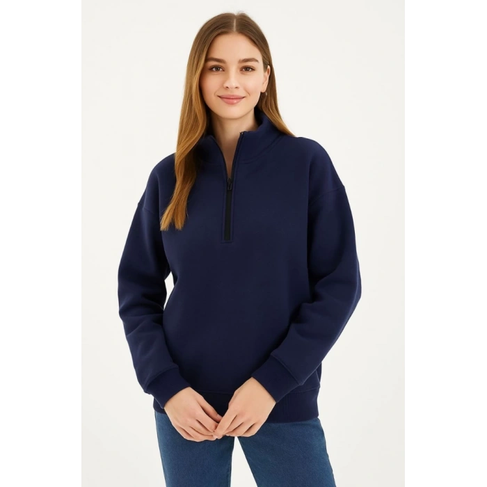 MARSiLYAN- Üç İplik Dık Yaka Yarım Fermuarlı SweatShirt - Lacivert