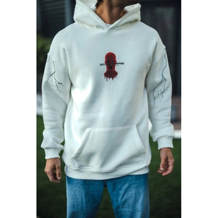 MARSiLYAN- Üç İplik Kapşonlu Baskılı Oversize SweatShirt- Beyaz