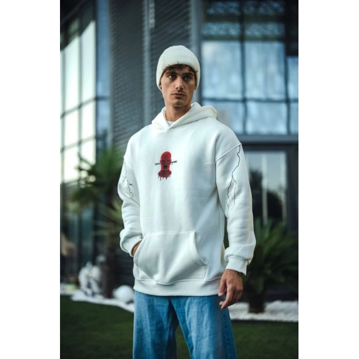 MARSiLYAN- Üç İplik Kapşonlu Baskılı Oversize SweatShirt- Beyaz