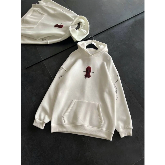 MARSiLYAN- Üç İplik Kapşonlu Baskılı Oversize SweatShirt- Beyaz