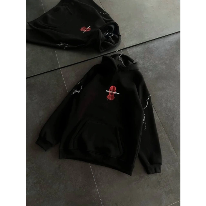 MARSiLYAN- Üç İplik Kapşonlu Baskılı Oversize SweatShirt- Siyah