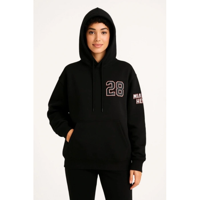 MARSiLYAN- Üç İplik Kapüşonlu Ön Ve Arka Baskılı SweatShirt Hoodie - Siyah