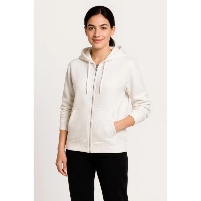 MARSiLYAN- Üç İplik Kapüşonlu Tam Fermuarlı Kanguru Çepli SweatShirt Hoodie - Beyaz