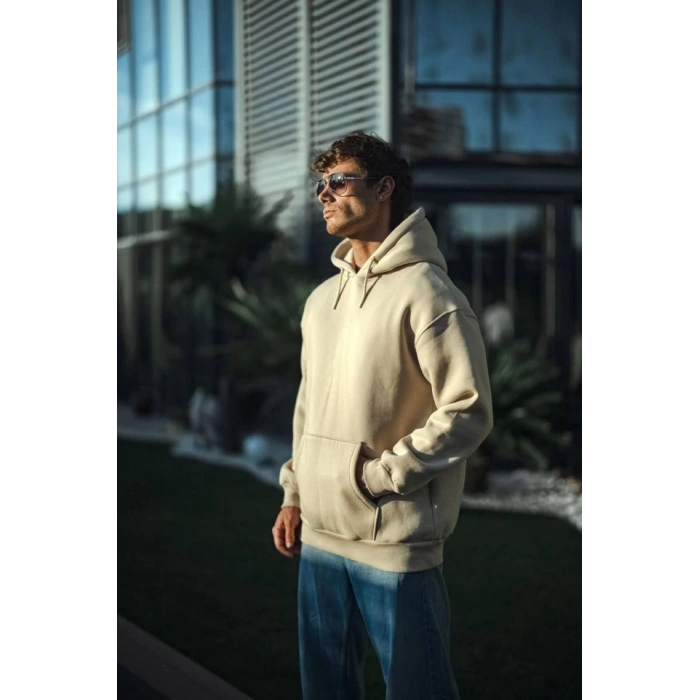 MARSiLYAN- Üç İplik Penye Kapşonlu Basic SweatShirt - Bej