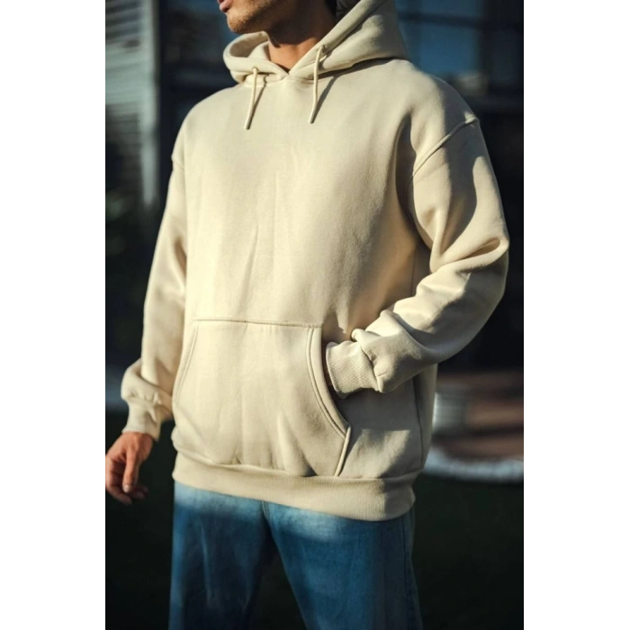 MARSiLYAN- Üç İplik Penye Kapşonlu Basic SweatShirt - Bej