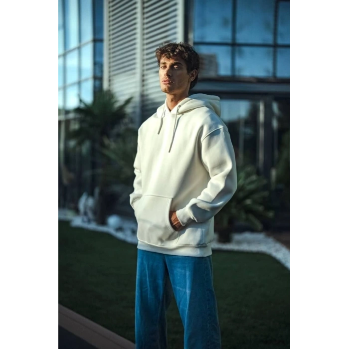 MARSiLYAN- Üç İplik Penye Kapşonlu Basic SweatShirt - Beyaz