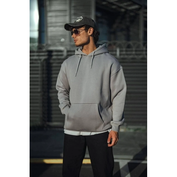 MARSiLYAN- Üç İplik Penye Kapşonlu Basic SweatShirt - Boyalı Gri