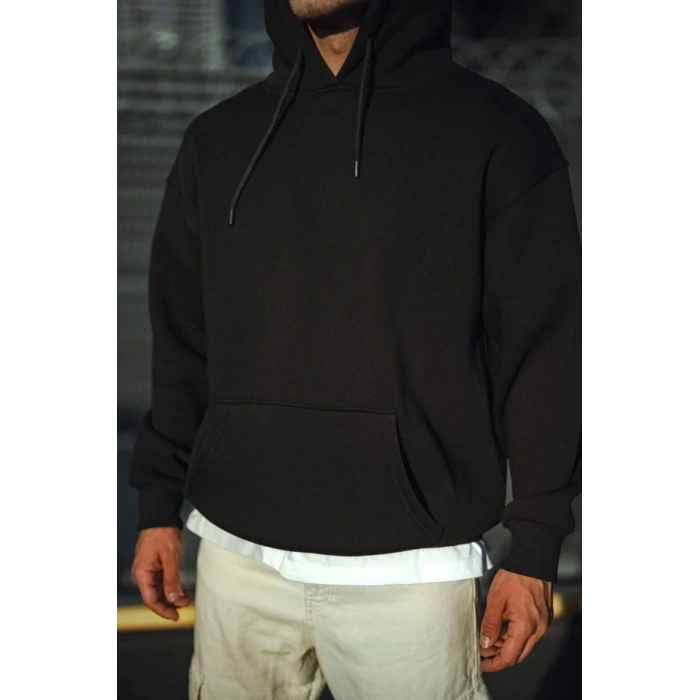 MARSiLYAN- Üç İplik Penye Kapşonlu Basic SweatShirt - Siyah