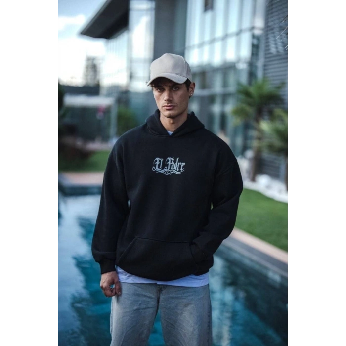 MARSiLYAN- Üç İplik Penye Kapşonlu Baskılı SweatShirt - Siyah