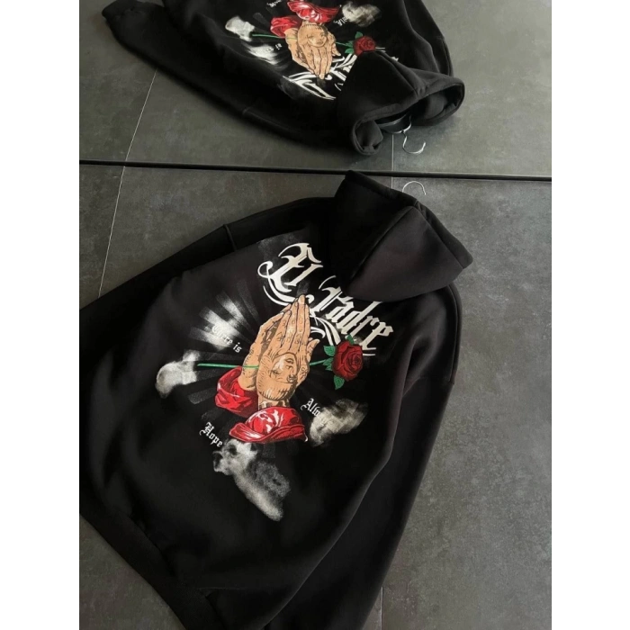 MARSiLYAN- Üç İplik Penye Uzun Kol Kapşonlu Baskılı SweatShirt - Siyah