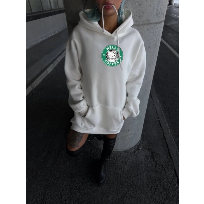 MARSiLYAN- Üç İplik Penye Uzun Kol Kapşonlu SweatShirt - Beyaz