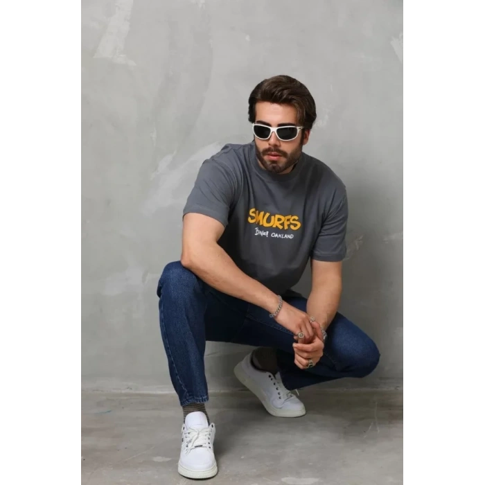 MARSiLYAN- Unisex Basic Bisiklet Yaka Oversize T-Shirt - Füme