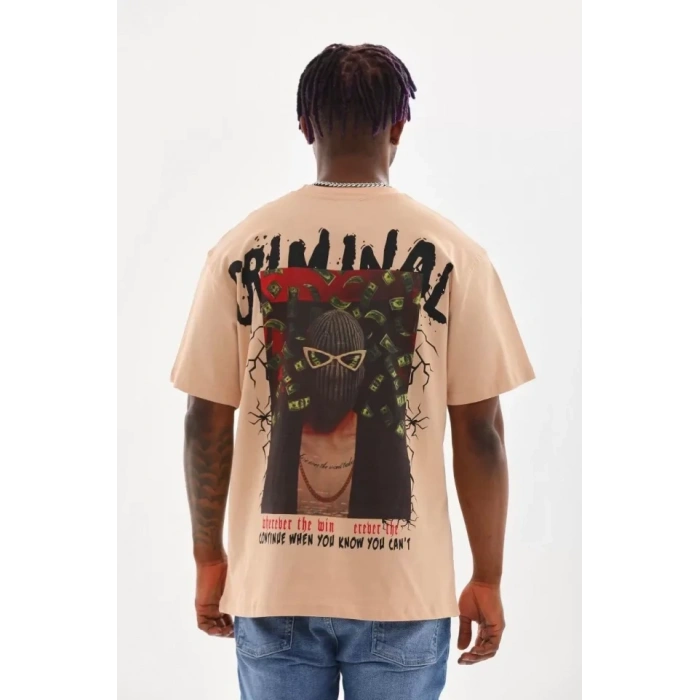 MARSiLYAN- Unisex Baskılı Oversize T-Shirt - Bej