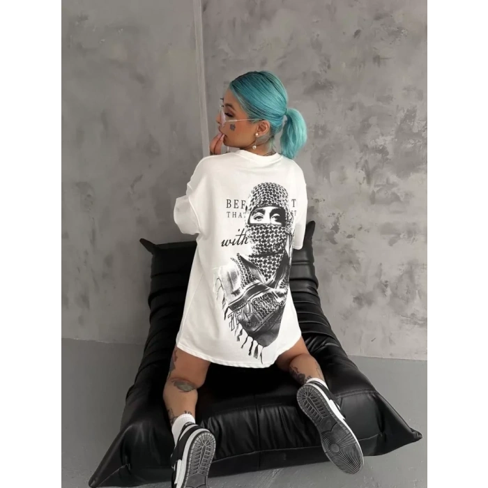 MARSiLYAN- Unisex Baskılı Oversize T-Shirt - Beyaz