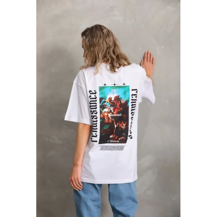 MARSiLYAN- Unisex Baskılı Oversize T-Shirt - Beyaz