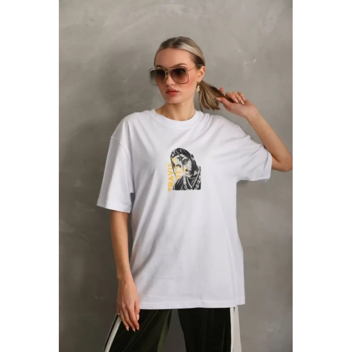 MARSiLYAN- Unisex Baskılı Oversize T-Shirt - Beyaz