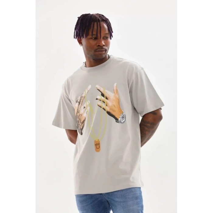 MARSiLYAN- Unisex Baskılı Oversize T-Shirt - Gri