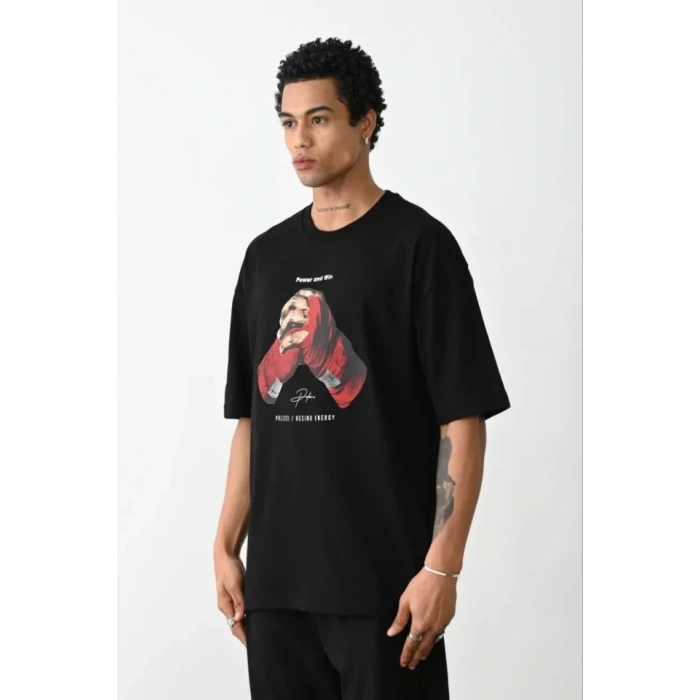 MARSiLYAN- Unisex Baskılı Oversize T-Shirt - Siyah