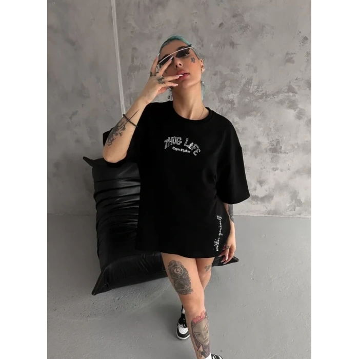 MARSiLYAN- Unisex Baskılı Oversize T-Shirt - Siyah