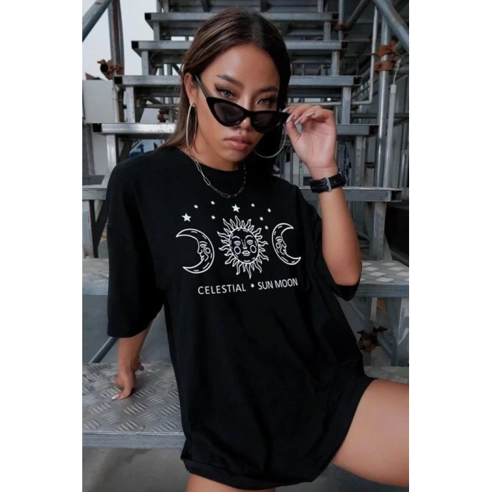 MARSiLYAN- Unisex Baskılı Oversize T-Shirt - Siyah