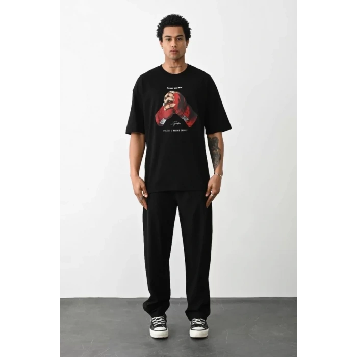 MARSiLYAN- Unisex Baskılı Oversize T-Shirt - Siyah