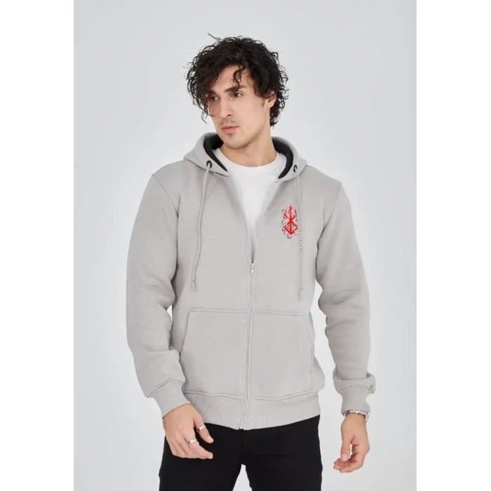 MARSiLYAN- Unisex Baskılı Tam Fermuarlı Kapşonlu SweatShirt - Boyalı Gri