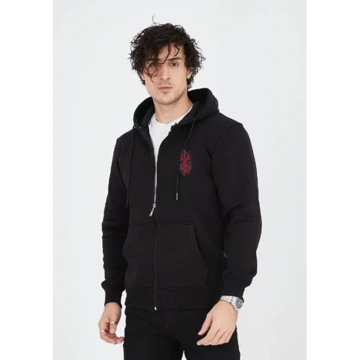 MARSiLYAN- Unisex Baskılı Tam Fermuarlı Kapşonlu SweatShirt - Siyah
