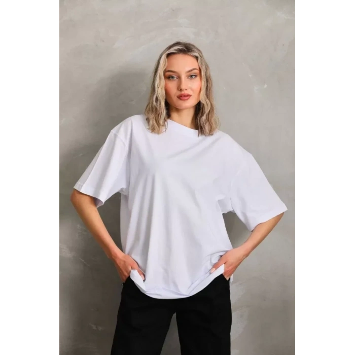 MARSiLYAN- Unisex Bisiklet Yaka 20/1 Düz Oversize T-Shirt - Beyaz