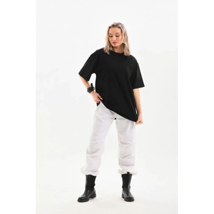 MARSiLYAN- Unisex Bisiklet Yaka 20/1 Düz Oversize T-Shirt - Siyah