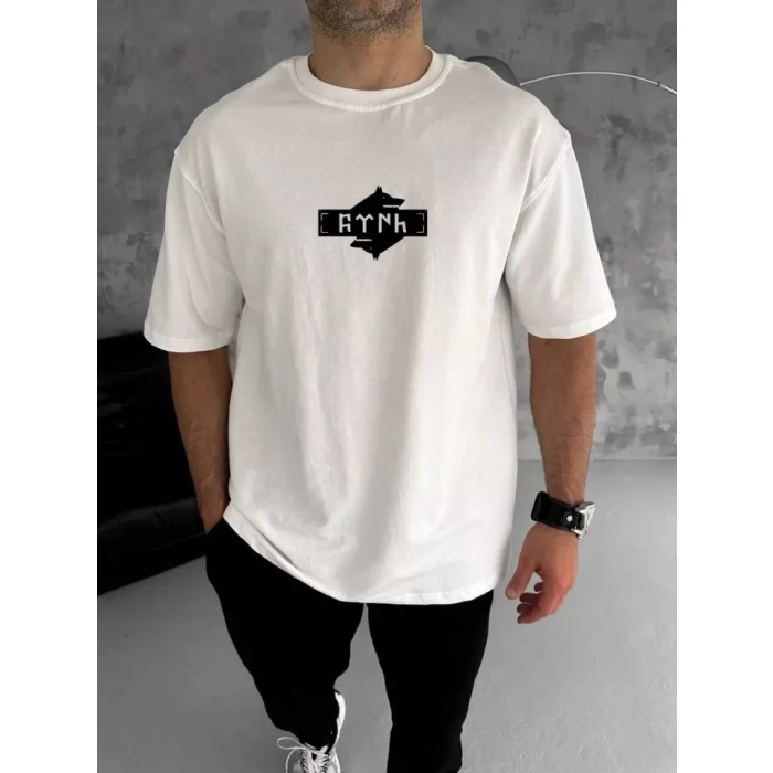 MARSiLYAN- Unisex Bisiklet Yaka Baskılı Double Oversize T-Shirt - Beyaz