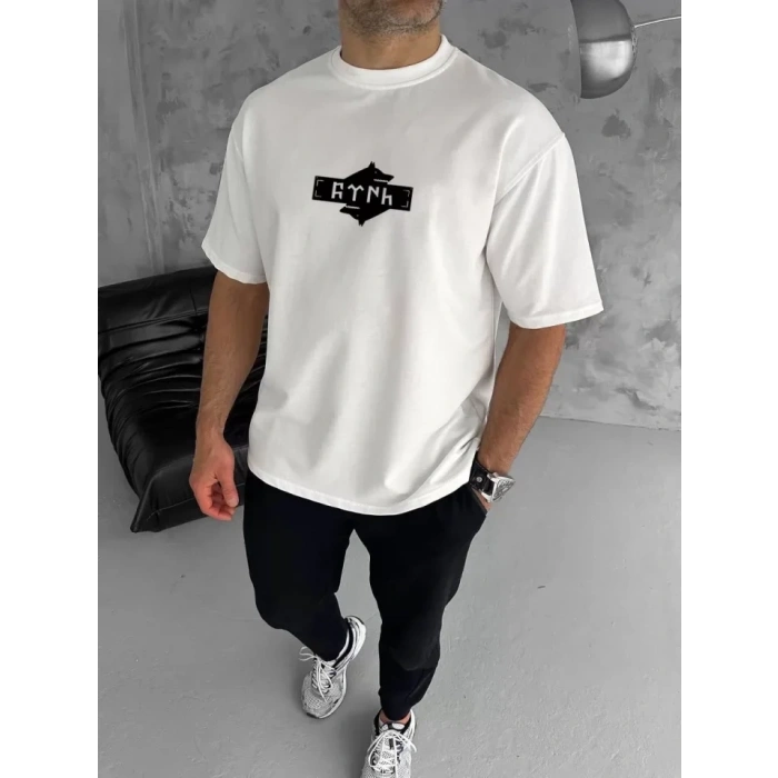 MARSiLYAN- Unisex Bisiklet Yaka Baskılı Double Oversize T-Shirt - Beyaz