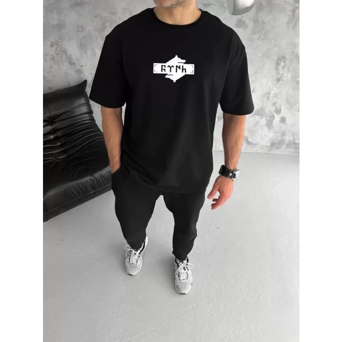 MARSiLYAN- Unisex Bisiklet Yaka Baskılı Double Oversize T-Shirt - Siyah