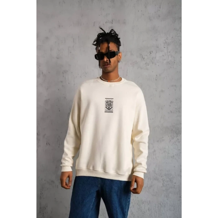 MARSiLYAN- Unisex Bisiklet Yaka Baskılı Oversize Sweatshirt - Beyaz