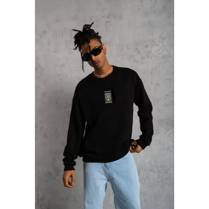 MARSiLYAN- Unisex Bisiklet Yaka Baskılı Oversize Sweatshirt - Siyah