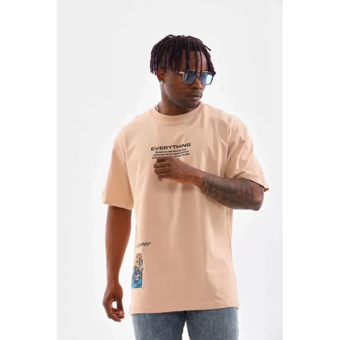MARSiLYAN- Unisex Bisiklet Yaka Baskılı Oversize T-Shirt - Bej