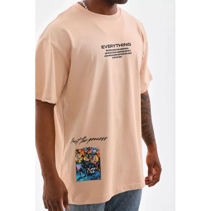 MARSiLYAN- Unisex Bisiklet Yaka Baskılı Oversize T-Shirt - Bej