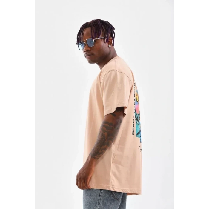 MARSiLYAN- Unisex Bisiklet Yaka Baskılı Oversize T-Shirt - Bej