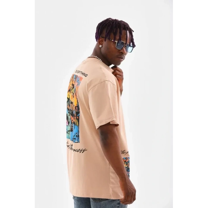 MARSiLYAN- Unisex Bisiklet Yaka Baskılı Oversize T-Shirt - Bej